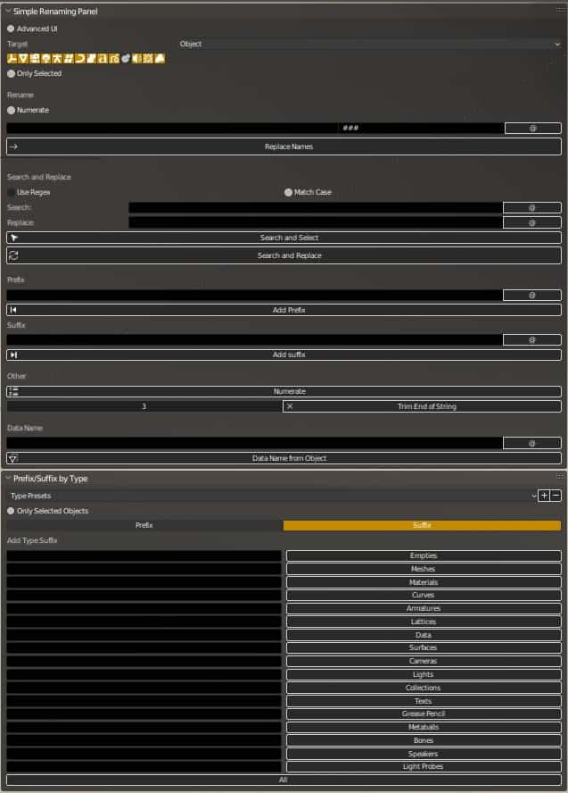 Simple Renaming Panel v1.5.2 Blender用の便利なリネームツールセットアドオン！無料！